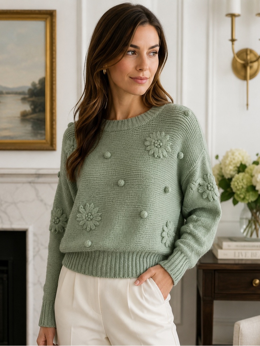 LUSH Flowers and Poms Oversized Wool Sea Foam Sweater EUC